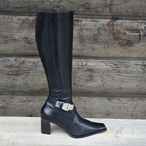 Y2K 90's Grey Mer Sleek Luxury Italian Leather Sqaure Toe Knee High Boots EU 36